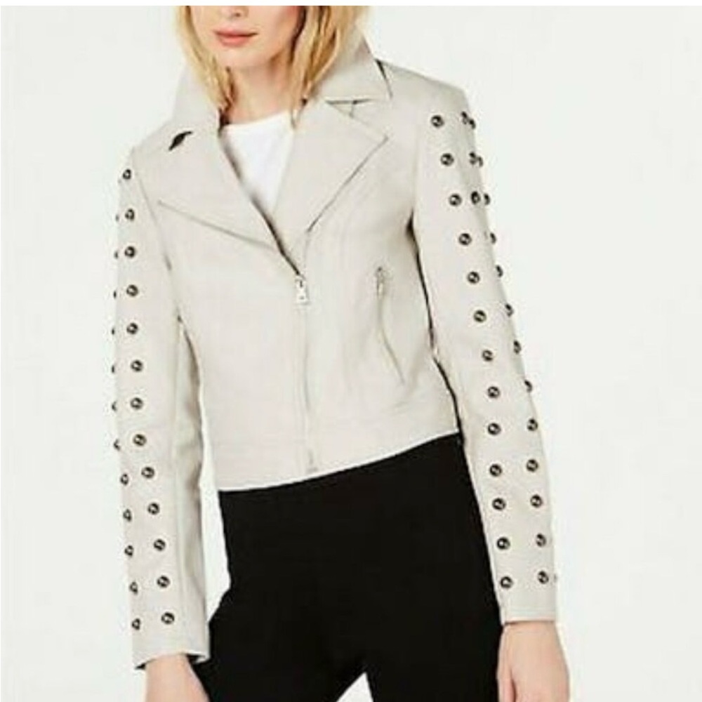 INC International Concepts cream  “ fresh cement” Studded Leather Jacket Medium